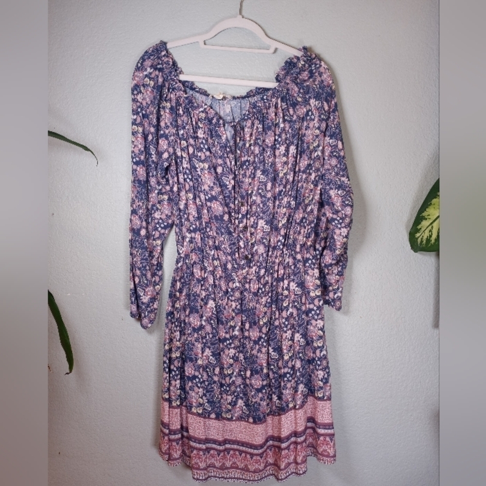 Jolt NWT Floral Flowy Shirred Drawstring Keyhole Neck Boho Long Sleeve Dress XL